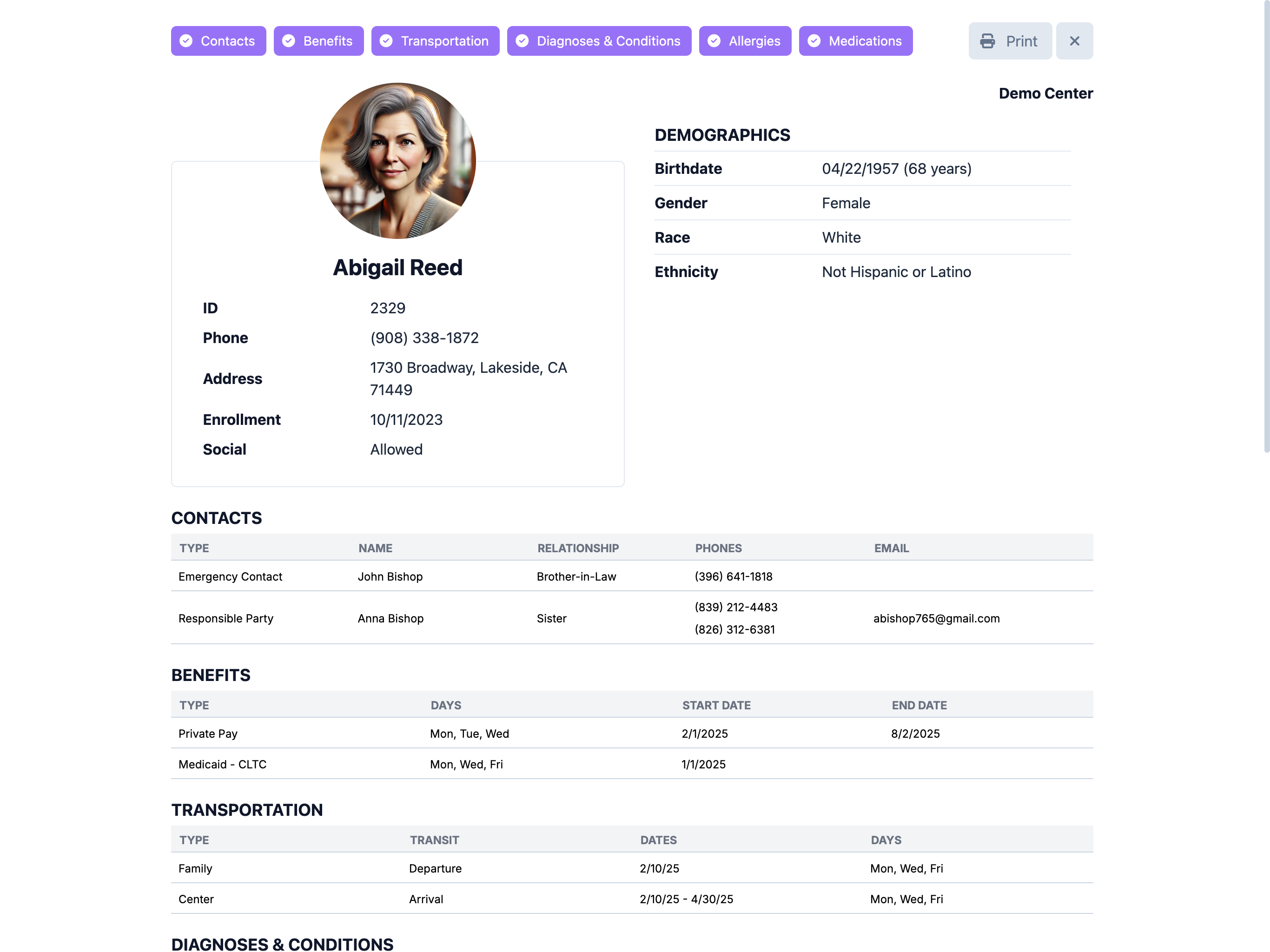 Customizable Face Sheet